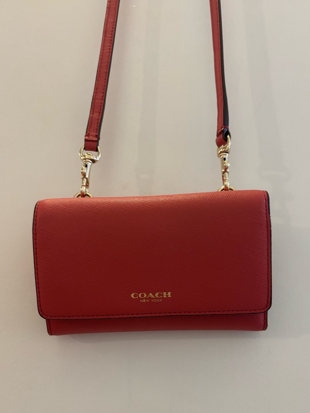 Coach Red Saffiano Textured Crossbody Wallet on Chain WOC Gold Hardware